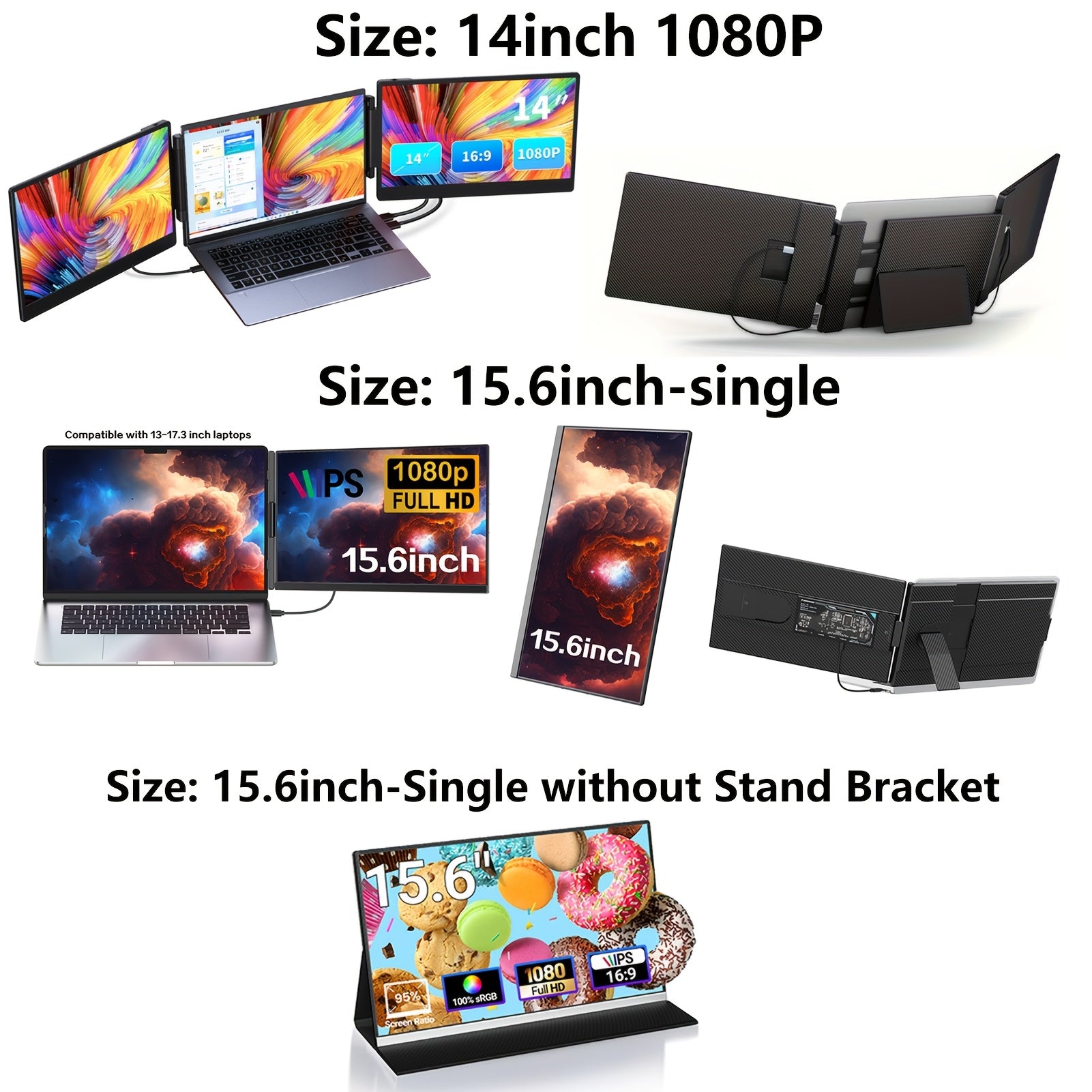 Monitor Portátil Triplo FHD de 14" Extensor de Tela para Laptop, Monitor Portátil Triplo/Duplo FHD 1080P de 14"/12" com Suporte Integrado e Alto-falantes Duplos, Compatível com Laptops de 13" a 16,1", Plug and Play, Compatível com Windows, Mac e IOS