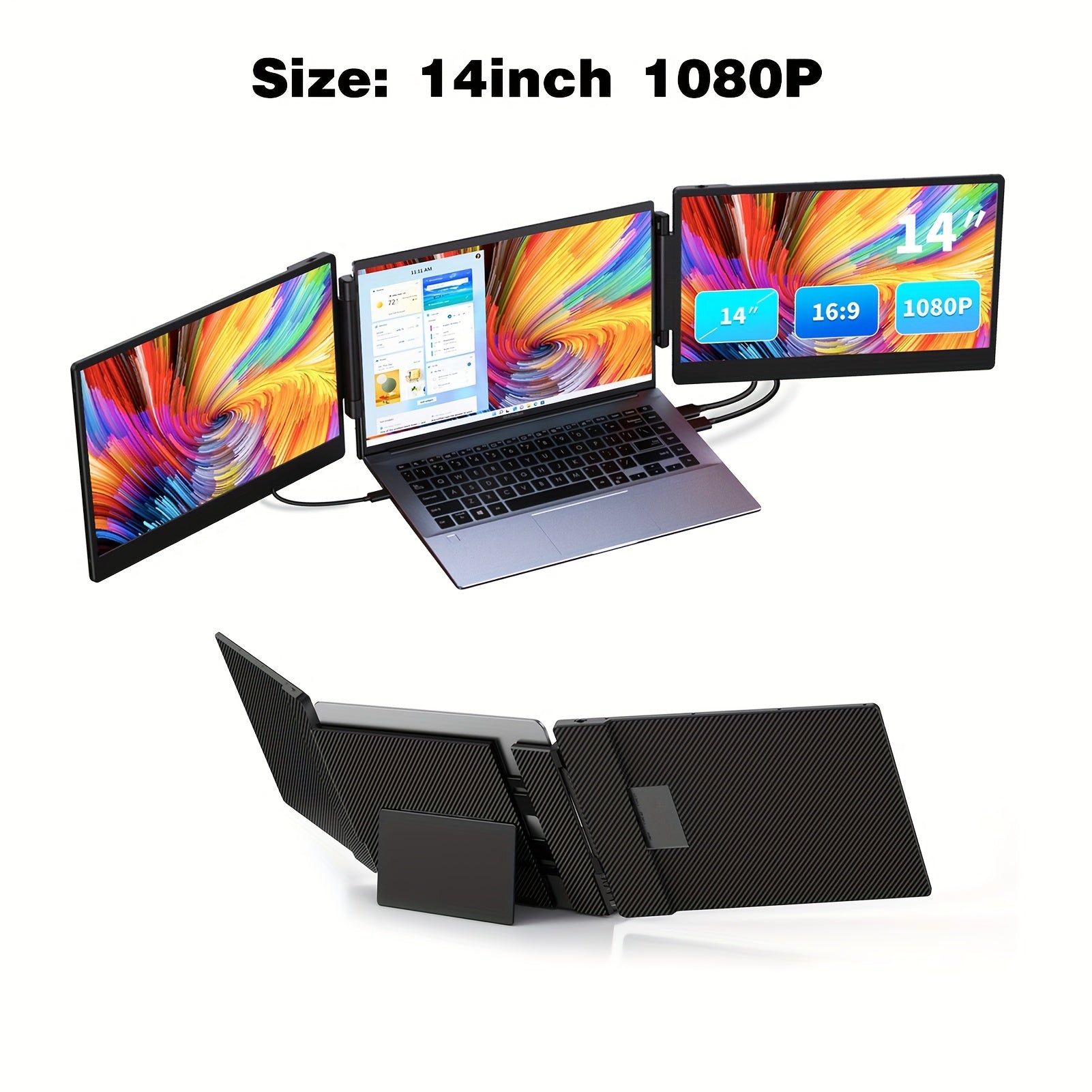 Monitor Portátil Triplo FHD de 14" Extensor de Tela para Laptop, Monitor Portátil Triplo/Duplo FHD 1080P de 14"/12" com Suporte Integrado e Alto-falantes Duplos, Compatível com Laptops de 13" a 16,1", Plug and Play, Compatível com Windows, Mac e IOS