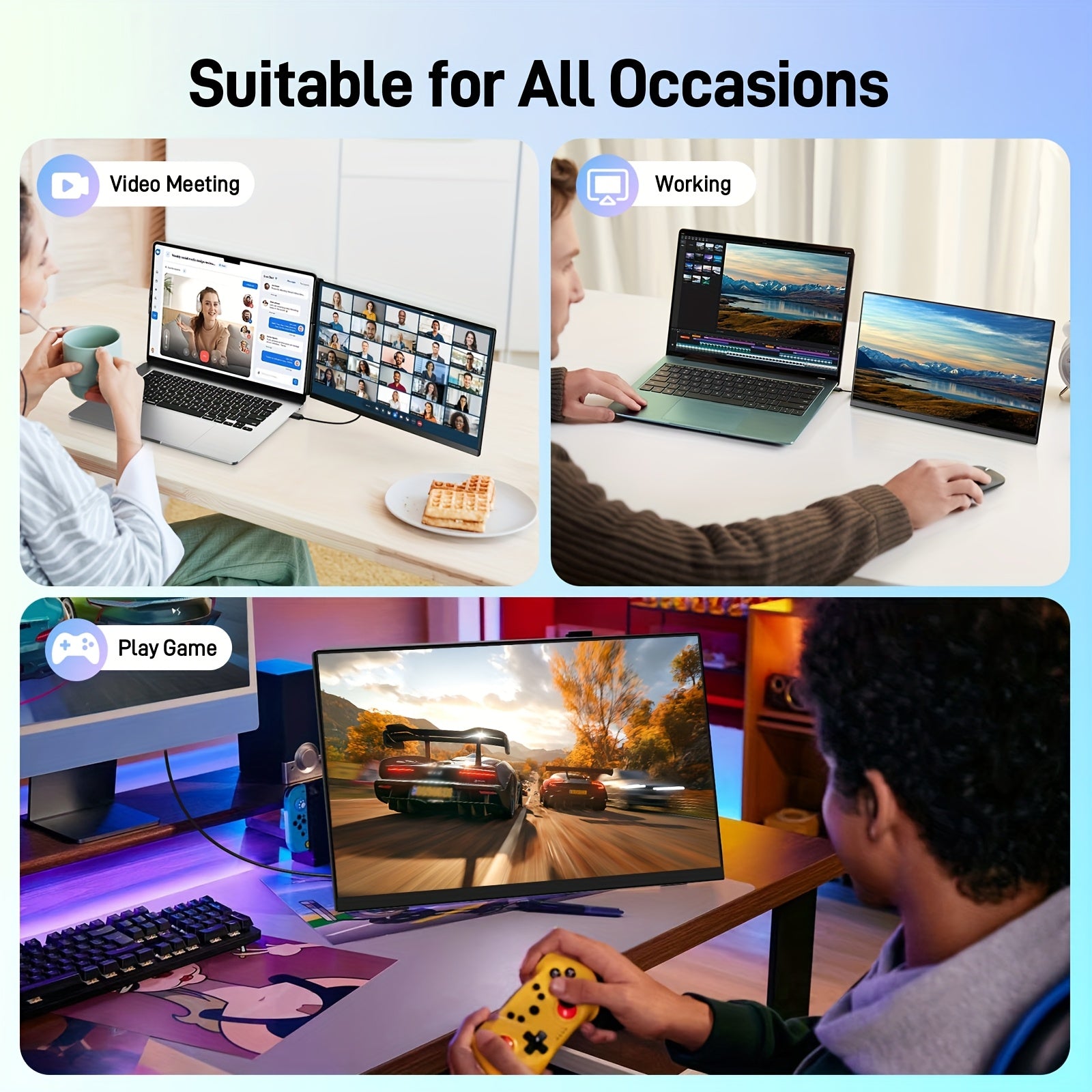 Monitor Portátil Triplo FHD de 14" Extensor de Tela para Laptop, Monitor Portátil Triplo/Duplo FHD 1080P de 14"/12" com Suporte Integrado e Alto-falantes Duplos, Compatível com Laptops de 13" a 16,1", Plug and Play, Compatível com Windows, Mac e IOS