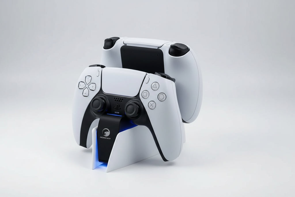 Estação de carregamento sem fio para PS5 com base de carregamento rápido duplo e indicadores de carregamento LED.