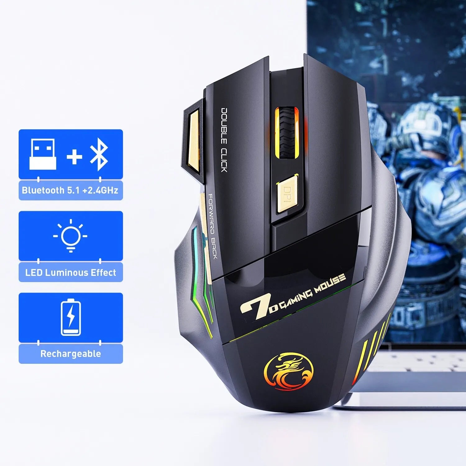 Mouse Gamer Sem Fio USB IMICE GW-X7 3200DPI Modo Duplo Recarregável 7 Teclas 2.4Ghz