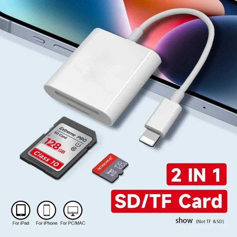 Leitor de cartão Lightning para SD, adaptador de cartão de memória SD/TF para iPhone e iPad.