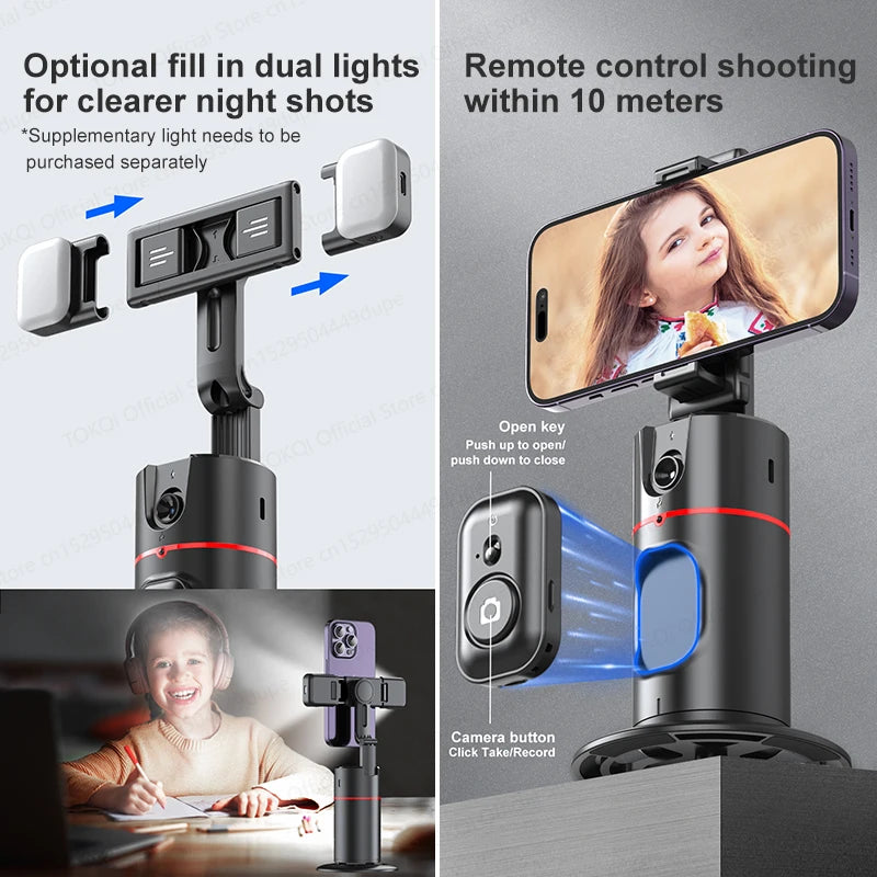 Estabilizador de mesa P02 com rastreamento de IA para smartphone, rotação de 360° para filmagens ao vivo e vlogs, com controle remoto sem fio.