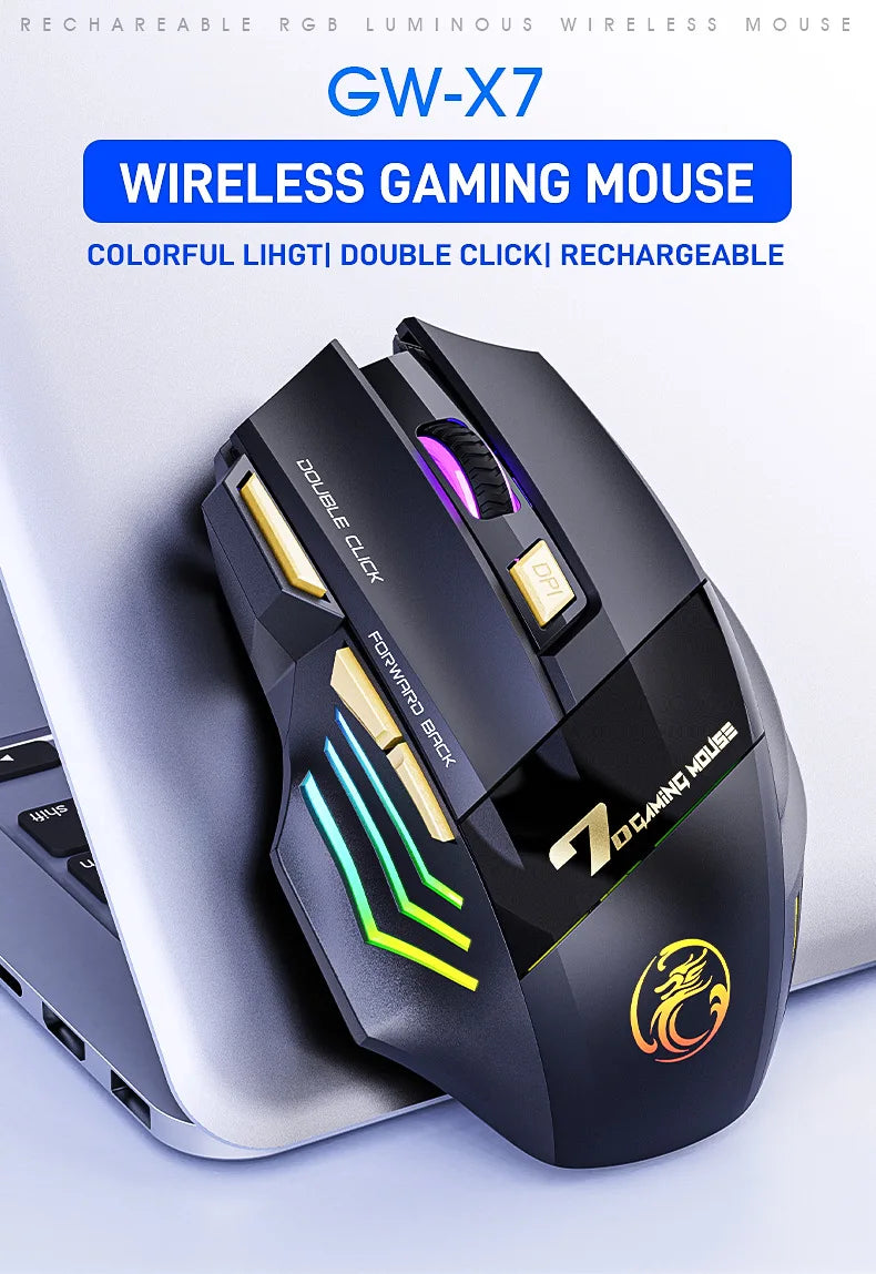 Mouse Gamer Sem Fio USB IMICE GW-X7 3200DPI Modo Duplo Recarregável 7 Teclas 2.4Ghz