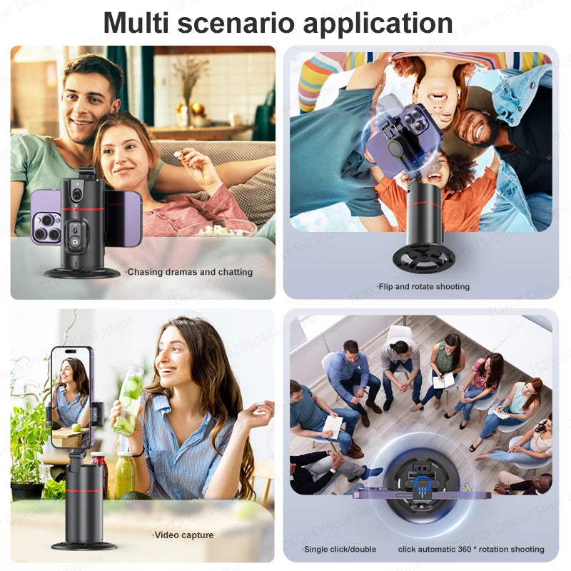 Estabilizador de mesa P02 com rastreamento de IA para smartphone, rotação de 360° para filmagens ao vivo e vlogs, com controle remoto sem fio.