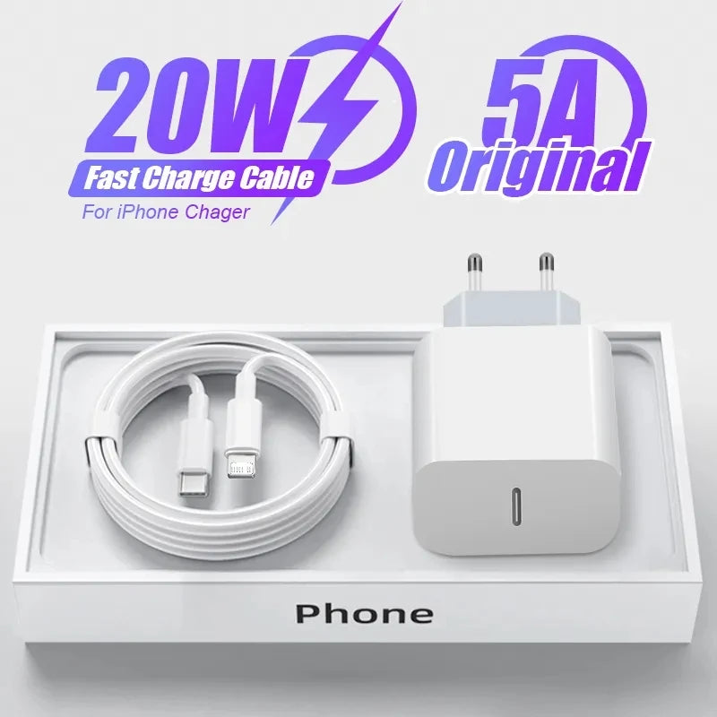 Carregador PD de 20W com carregamento rápido USB-C para iPhone 15, 14, 13 Pro Max, Mini X e XS.