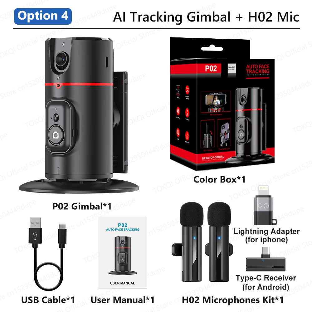 Estabilizador de mesa P02 com rastreamento de IA para smartphone, rotação de 360° para filmagens ao vivo e vlogs, com controle remoto sem fio.