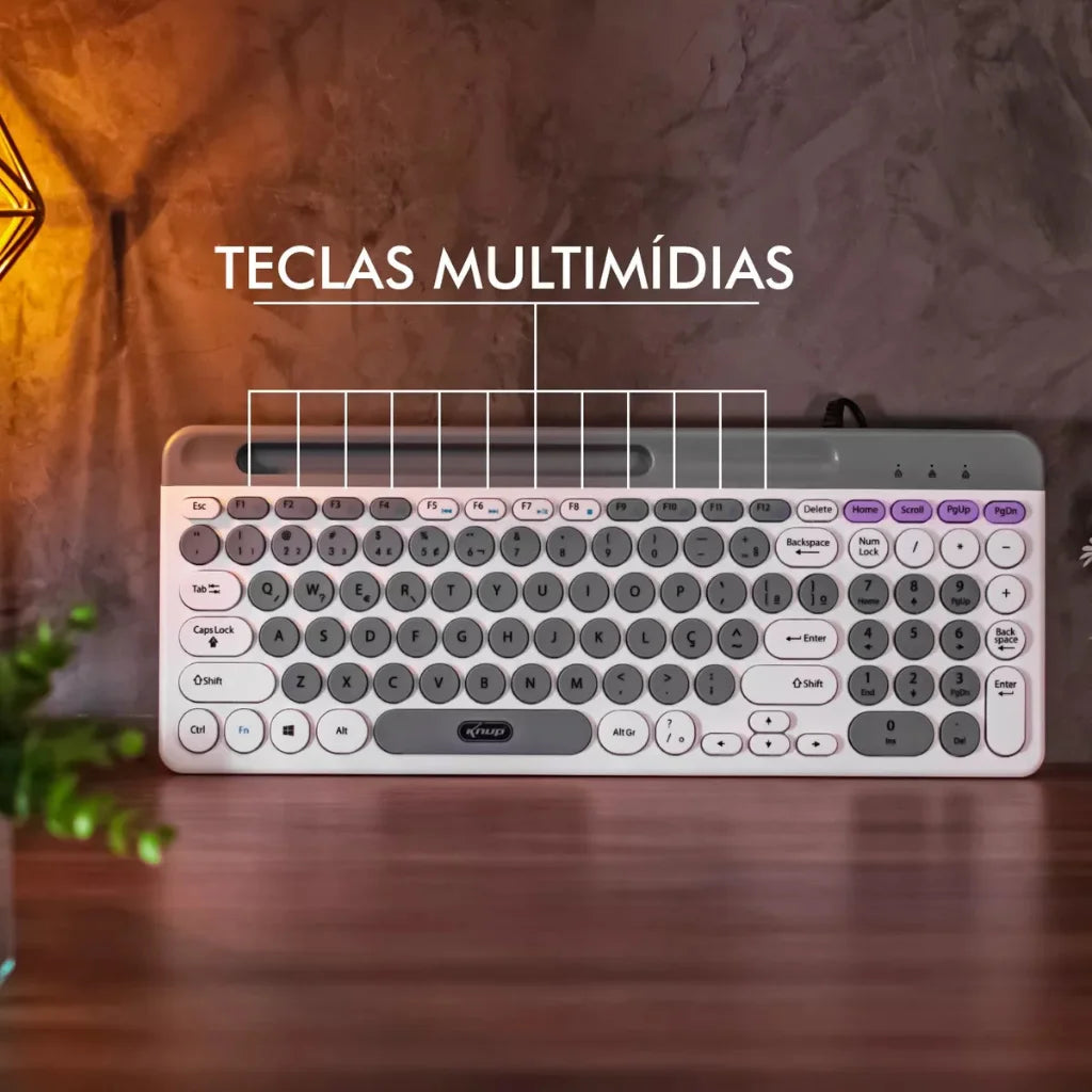 Teclado Multimídia Branco Pc Computador Fio Abnt2 Silencioso